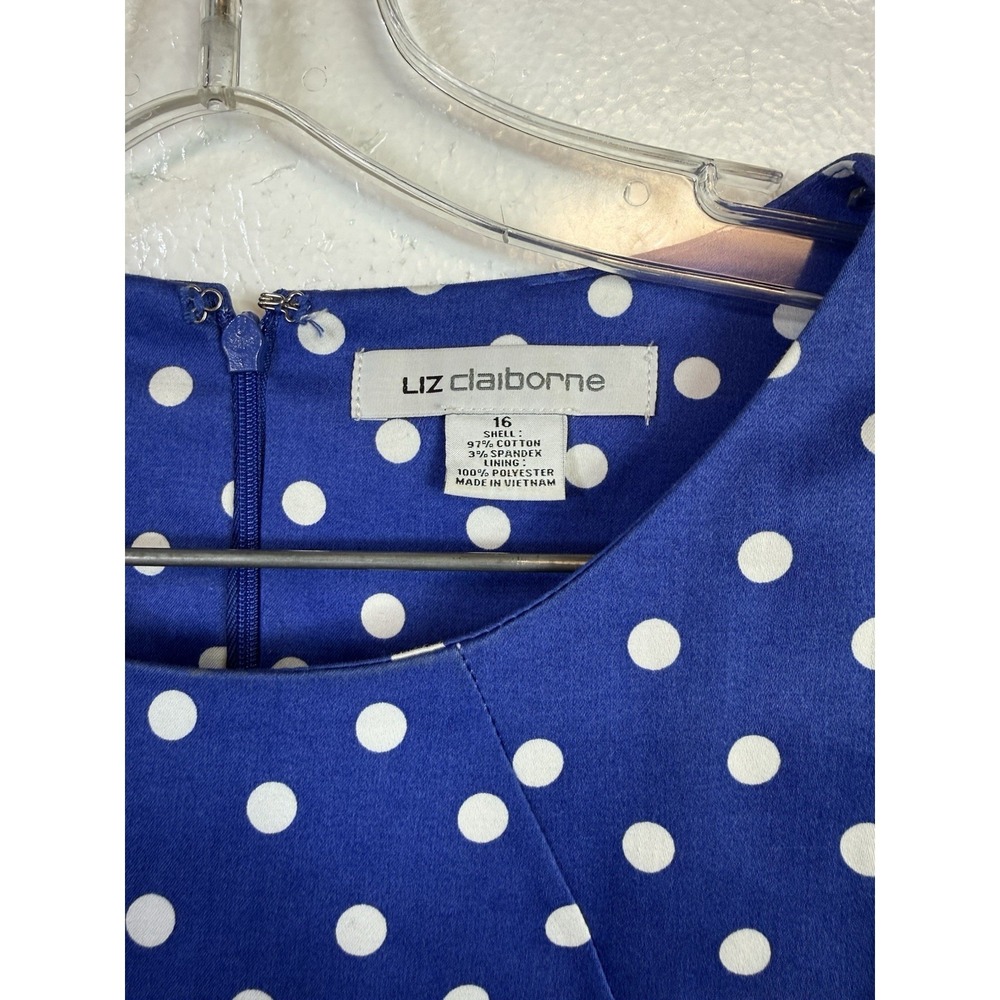 LIZ CLAIBORNE Dress Sz 16 Blue White Polka Dot Flair Sleeveless Stretch Cottage - Picture 3 of 7
